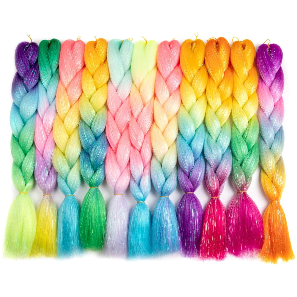 Synthetic Ombre 24inch Glitter Jumbo Braids Extensions Sparkle Rainbow