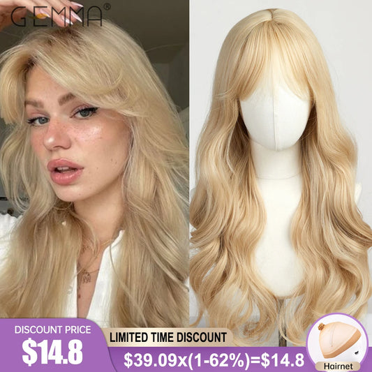 Long Wavy Light Ash Blonde Synthetic Wigs with Bangs for Women Natural