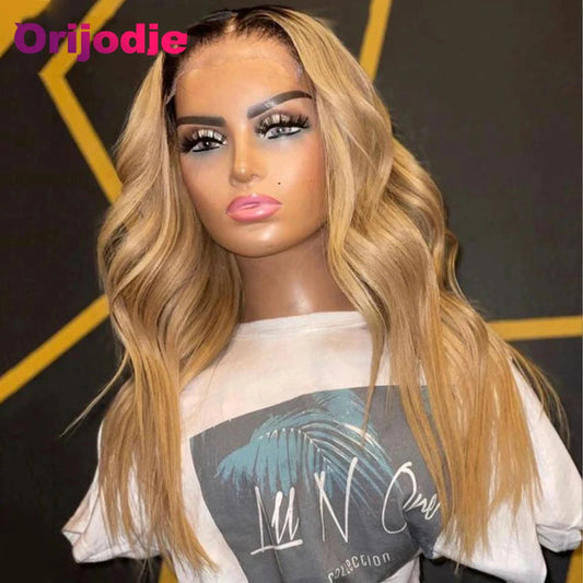 Ombre Honey Blonde Body Wave Human Hair Wigs  Transparent 13x4x1 T