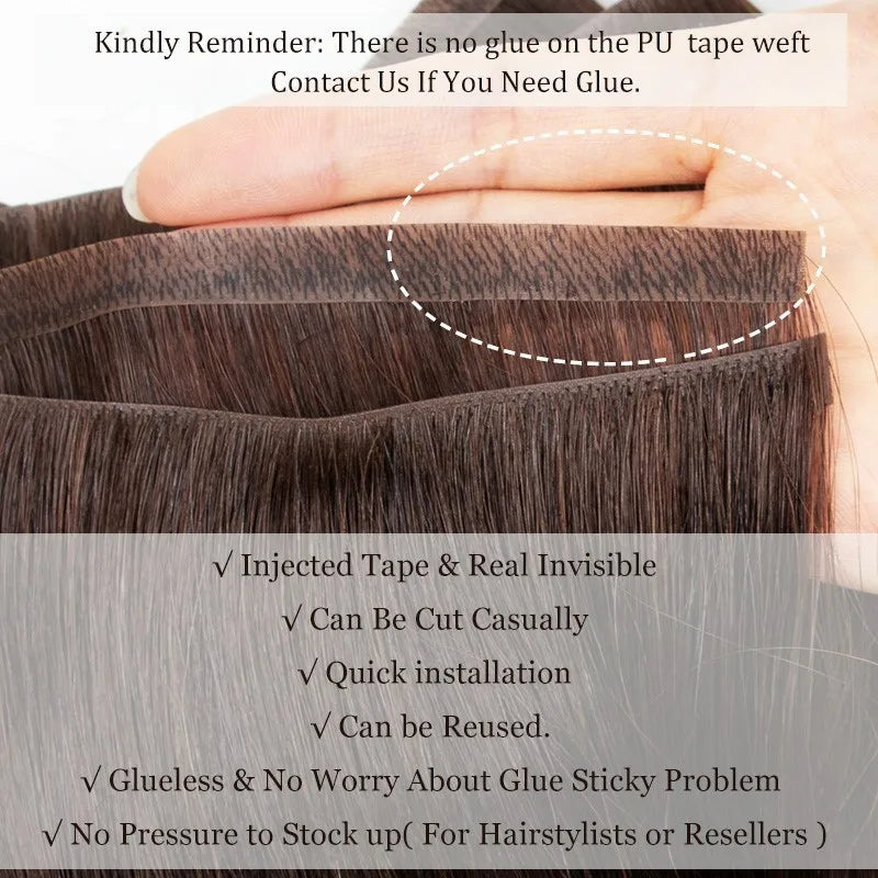 Injected Tape In Hair Extensions Invisible Long Tape PU Weft Human