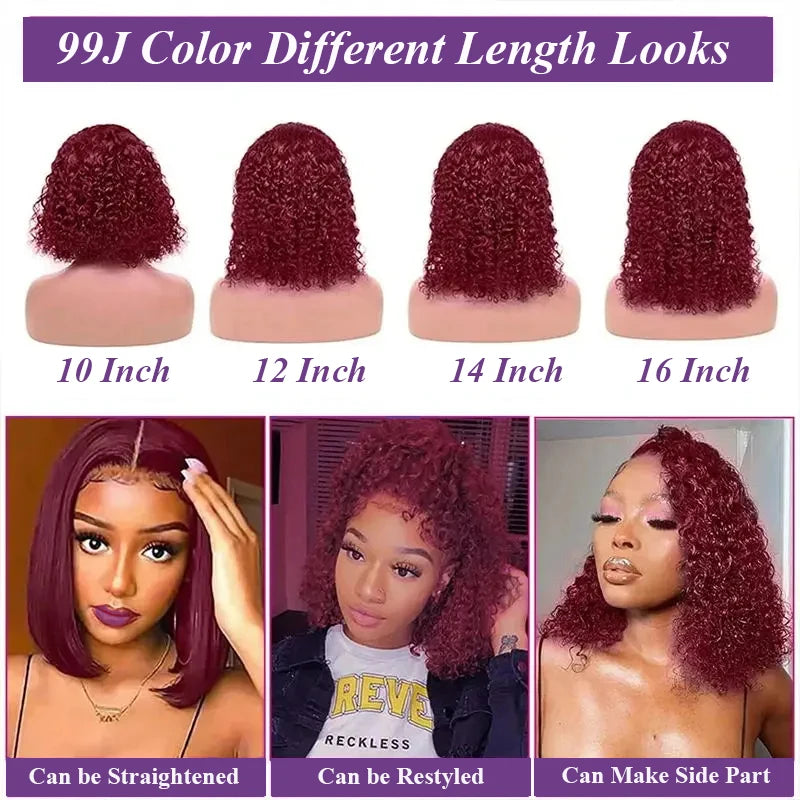 Red Bob Wig 99J Burgundy Lace Front Wig 13x4 Curly Human Hair Wigs