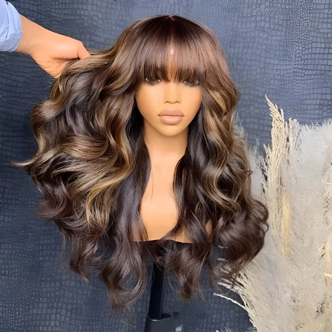 180D Highlight Body Wave Human Hair Wig With Bangs Wear To Go Ombre