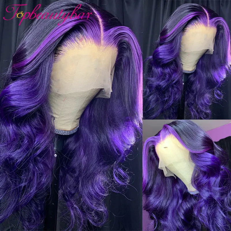 Purple Highlight Color 13X4 Lace Front Human Hair Wigs 180% Brazilian