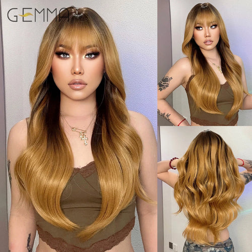 Long Wavy Light Ash Blonde Synthetic Wigs with Bangs for Women Natural