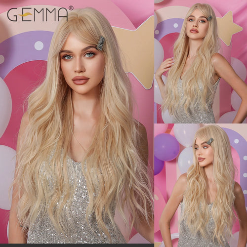 Long Wavy Light Ash Blonde Synthetic Wigs with Bangs for Women Natural