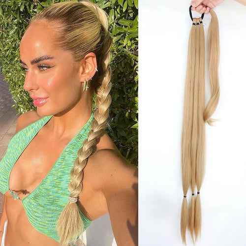 Synthetic Braided Ponytail Extensions Long Black Rubber Band Hairpiece