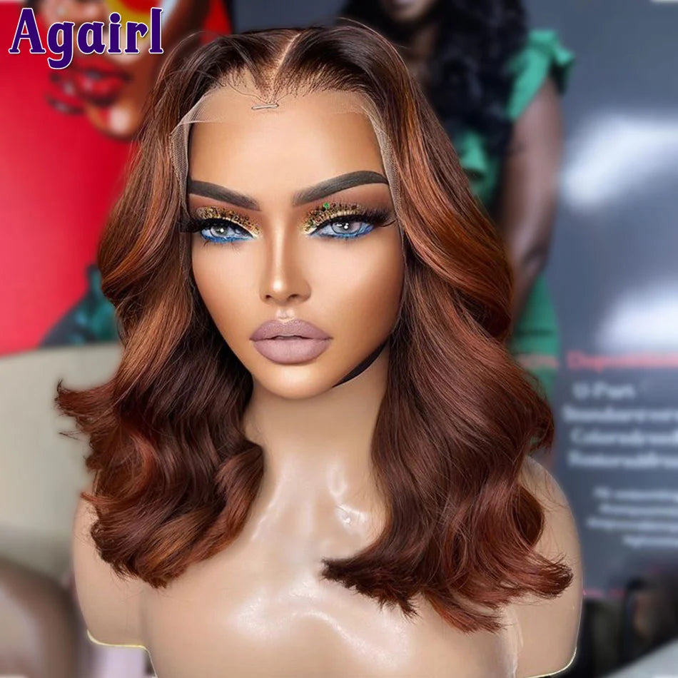 Red Ginger Brown Highlight Short Bob Wavy Lace Front Human Hair Wigs