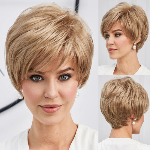 Light Blonde Mixed Off-White Short Pixie Cut Wigs for Women With Bangs