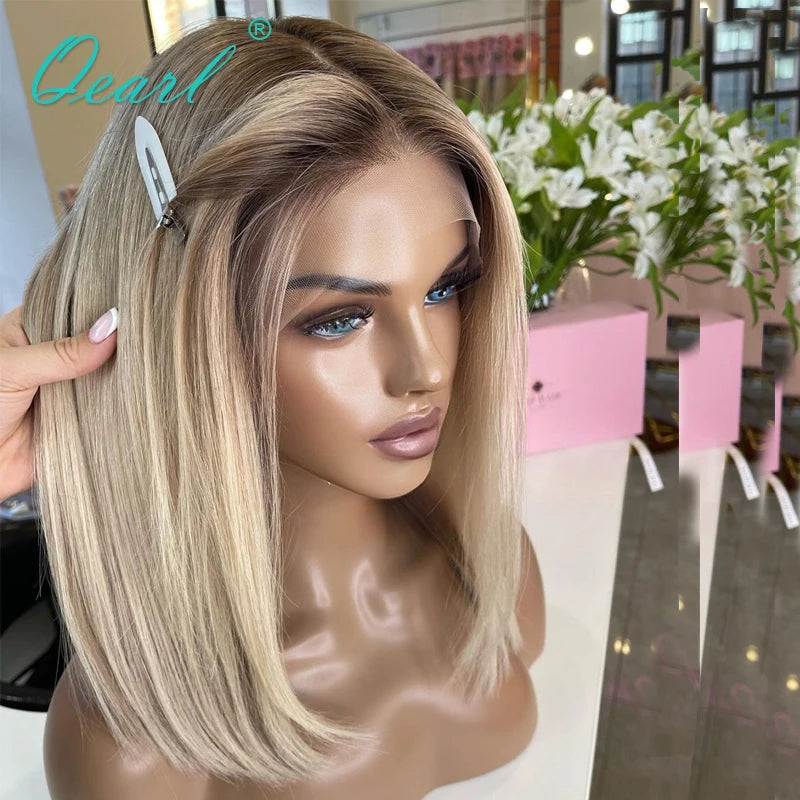 Straight HD Real Human Hair Lace Frontal Wigs Ombre Brown Ash Blonde