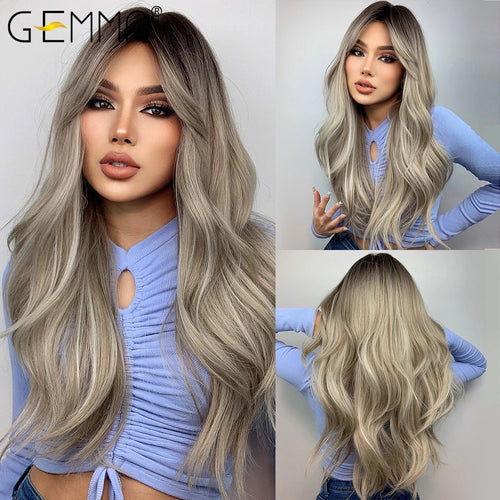 Long Wavy Light Ash Blonde Synthetic Wigs with Bangs for Women Natural