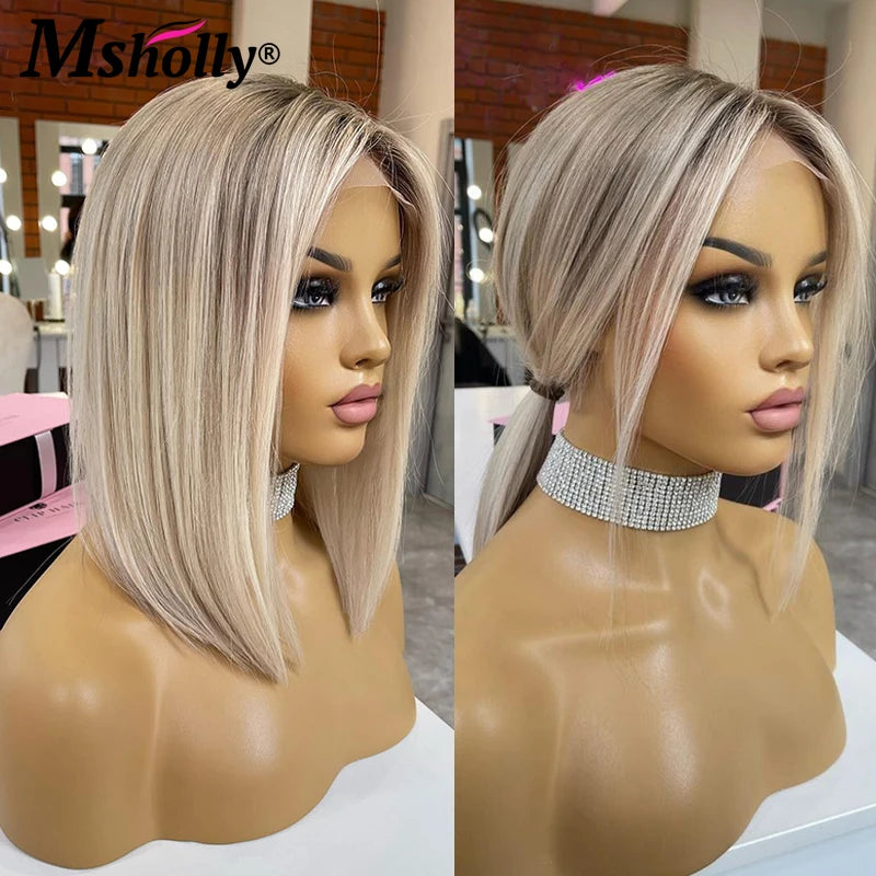 Highlight Ash Blonde 13x4 Lace Front Wigs Human Hair Straight Short