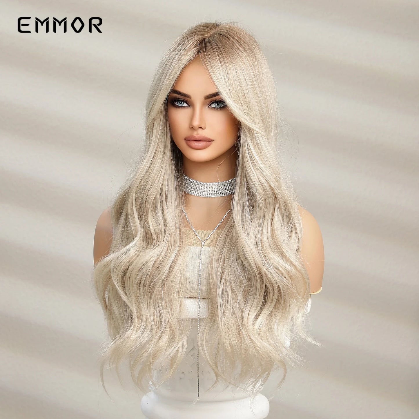 Emmor Ombre Black to Light Blonde Hair Wig Synthetic Long Wavy Wigs