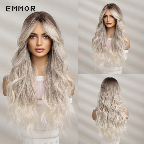 Emmor Ombre Black to Light Blonde Hair Wig Synthetic Long Wavy Wigs