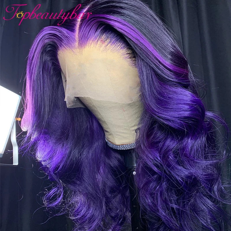 Purple Highlight Color 13X4 Lace Front Human Hair Wigs 180% Brazilian