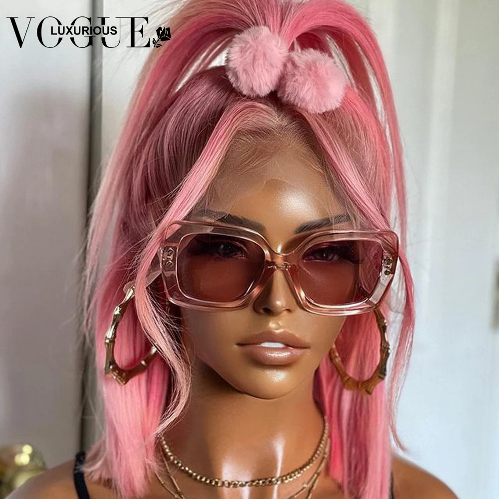 Straight Pink Short Bob Wigs Preplucked 613 Colored Lace Frontal Wig