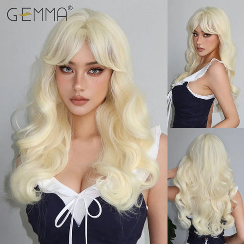 Long Wavy Light Ash Blonde Synthetic Wigs with Bangs for Women Natural