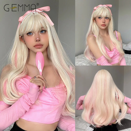 Synthetic Pink Platinum Blonde Cosplay Wig With Bangs Long Wavy