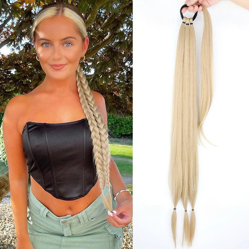 Synthetic Braided Ponytail Extensions Long Black Rubber Band Hairpiece