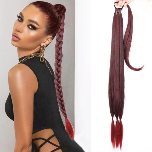 Synthetic Braided Ponytail Extensions Long Black Rubber Band Hairpiece