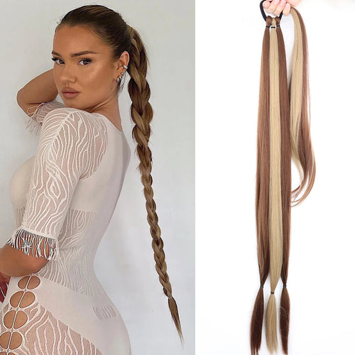 Synthetic Braided Ponytail Extensions Long Black Rubber Band Hairpiece