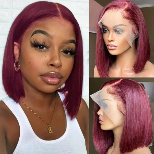 99J Burgundy Lace Front Wigs Human Hair Pre Plucked Red Bob Wig Human