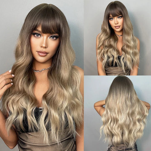 Long Wavy Light Ash Blonde Synthetic Wigs with Bangs for Women Natural