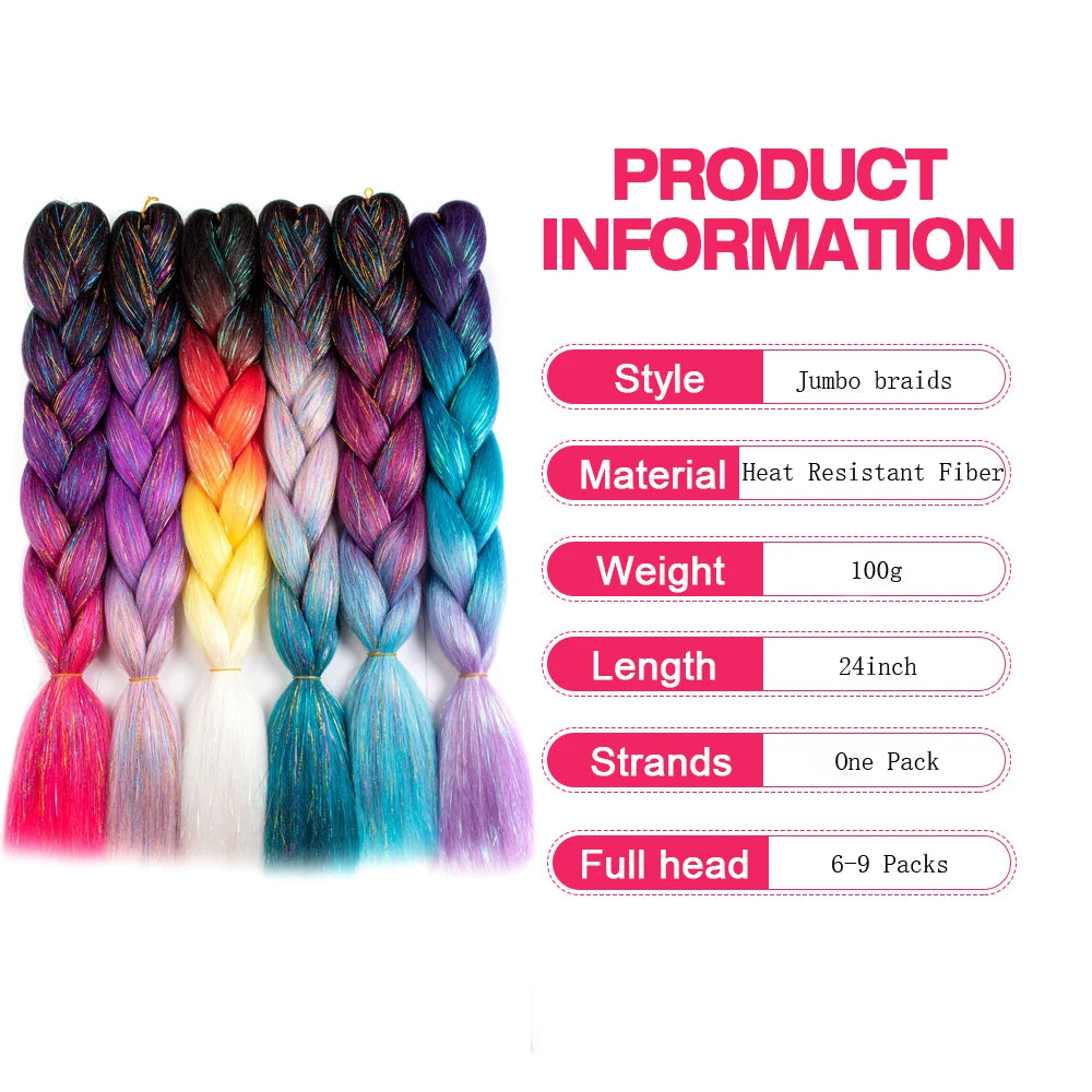 Synthetic Ombre 24inch Glitter Jumbo Braids Extensions Sparkle Rainbow