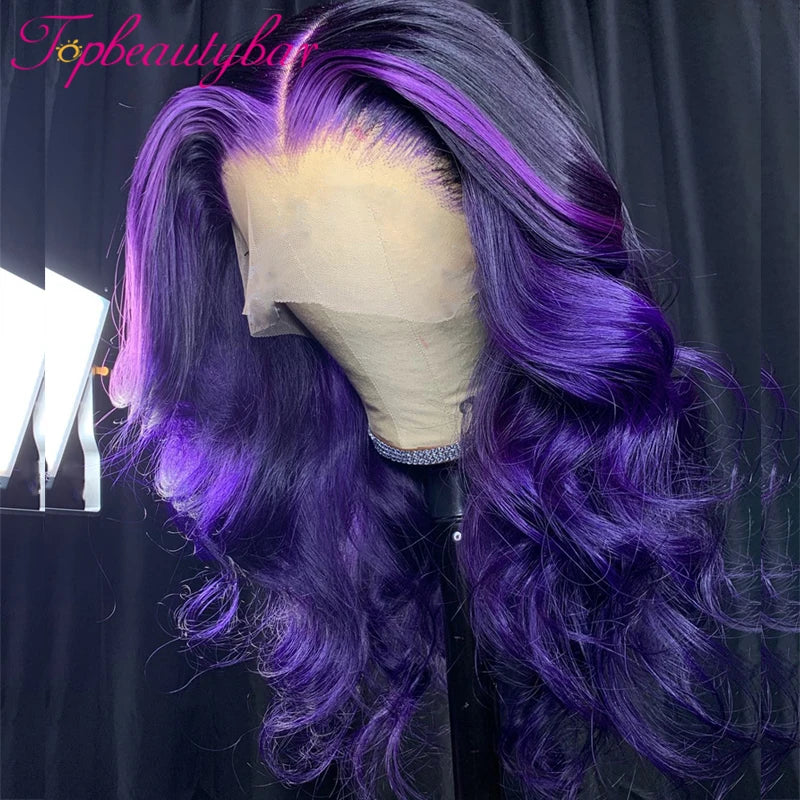 Purple Highlight Color 13X4 Lace Front Human Hair Wigs 180% Brazilian