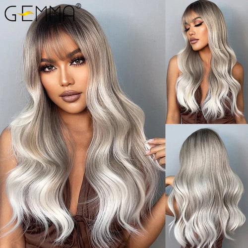 Long Wavy Light Ash Blonde Synthetic Wigs with Bangs for Women Natural