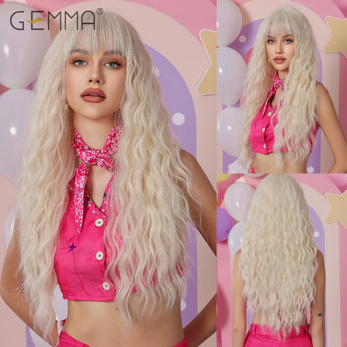 Synthetic Pink Platinum Blonde Cosplay Wig With Bangs Long Wavy