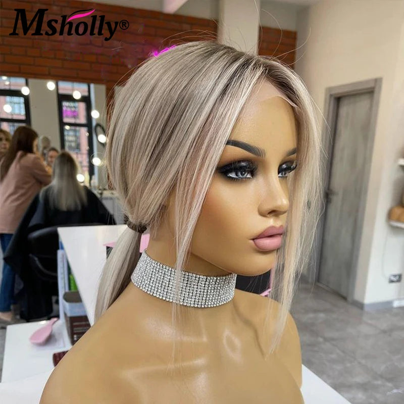 Highlight Ash Blonde 13x4 Lace Front Wigs Human Hair Straight Short