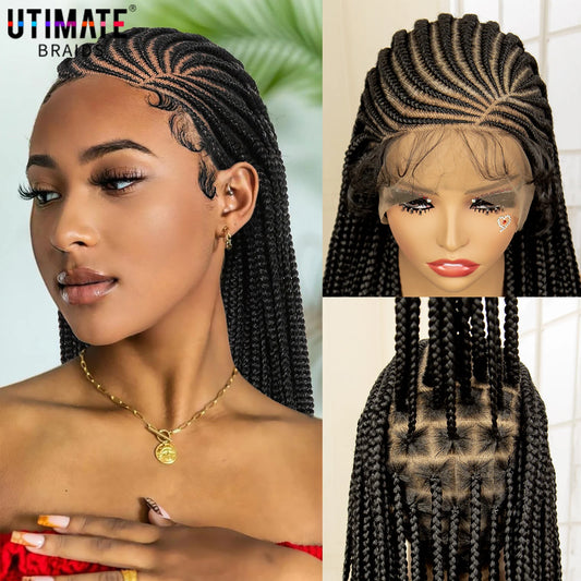 Full Lace Cornrow Braided Wigs for Black Women Handmade Synthetic Long