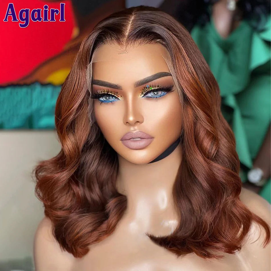 Red Ginger Brown Highlight Short Bob Wavy Lace Front Human Hair Wigs