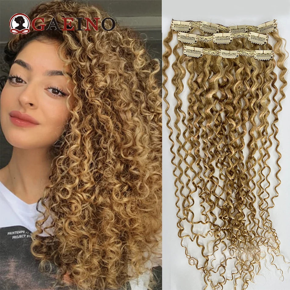 Kinky Curly Clip In Human Hair Extensions 3Pcs/Set Blonde Clip On