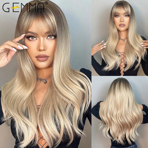 Long Wavy Light Ash Blonde Synthetic Wigs with Bangs for Women Natural