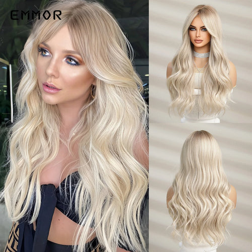 Emmor Ombre Black to Light Blonde Hair Wig Synthetic Long Wavy Wigs