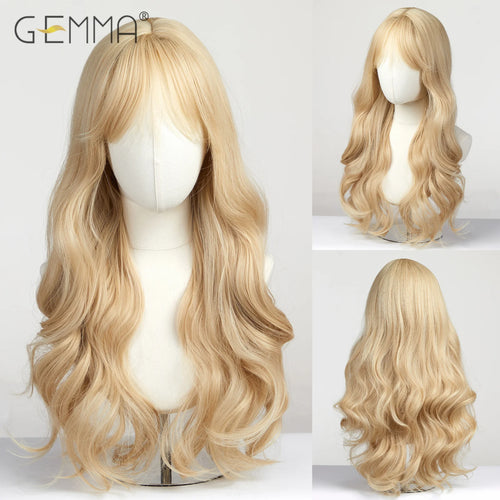 Long Wavy Light Ash Blonde Synthetic Wigs with Bangs for Women Natural