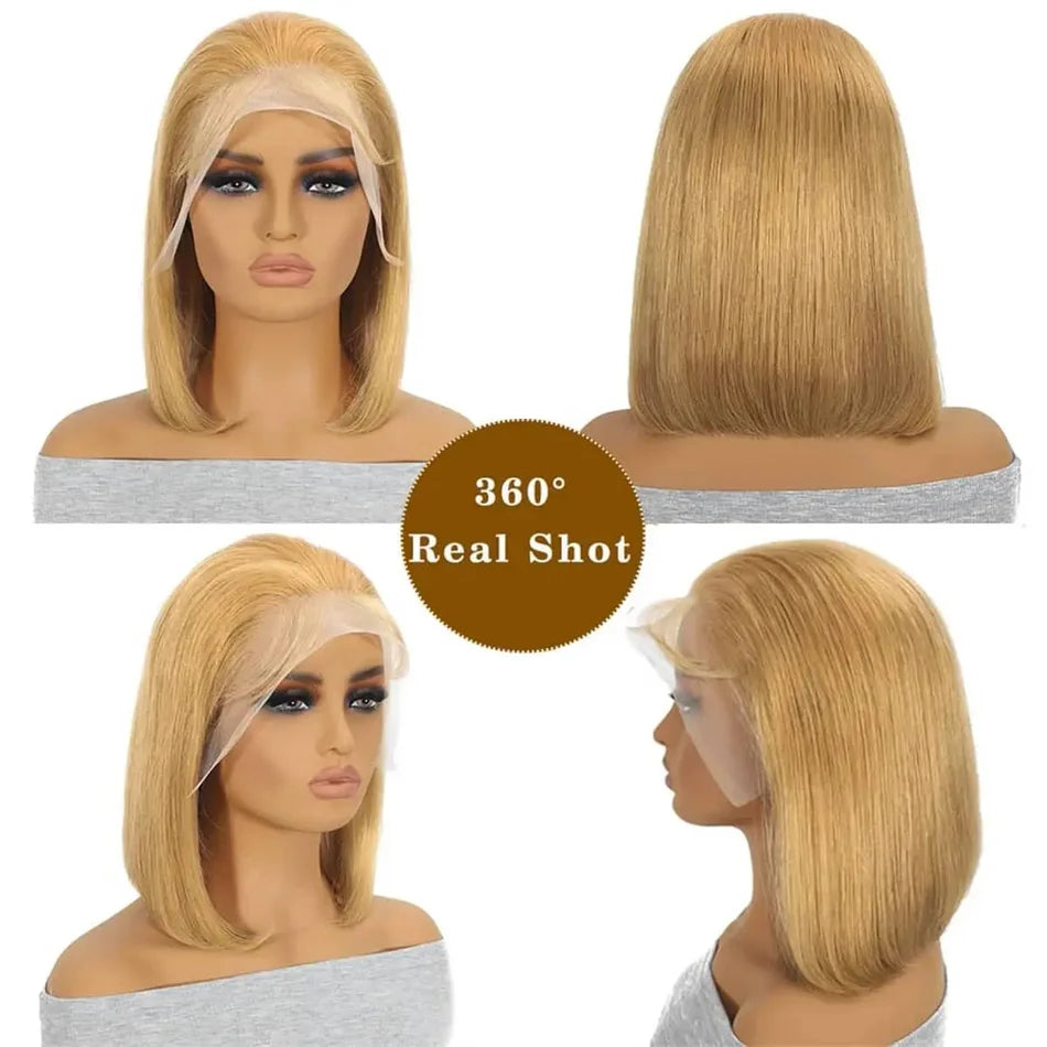 200% Double Drawn #27 Honey Blonde Colored Short Bob Human Hair Wigs