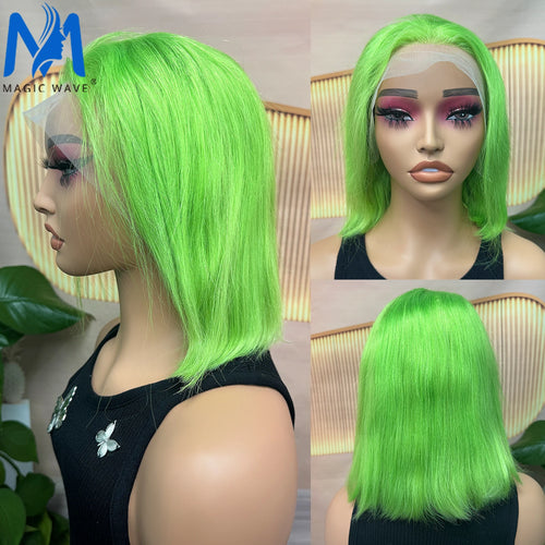 Purple Green Colored Straight Bob Human Hair Wigs for Women 13x4 Lace