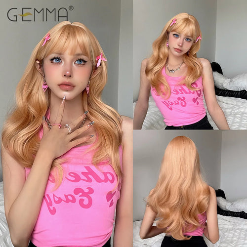 Synthetic Pink Platinum Blonde Cosplay Wig With Bangs Long Wavy