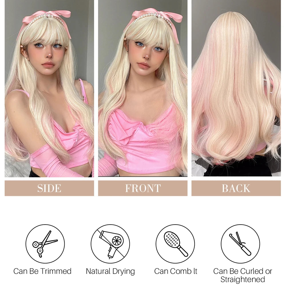 Synthetic Pink Platinum Blonde Cosplay Wig With Bangs Long Wavy