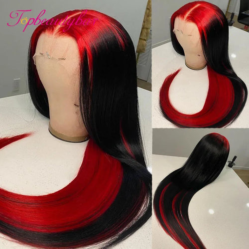 Red Ombre Highlight Colored Straight Lace Front Human Hair Wigs 180%