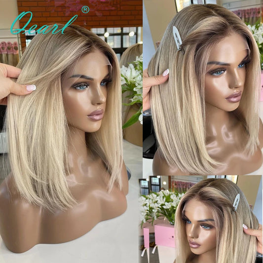 Straight HD Real Human Hair Lace Frontal Wigs Ombre Brown Ash Blonde