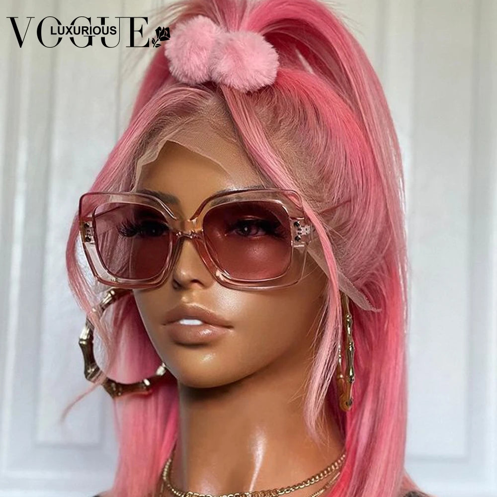 Straight Pink Short Bob Wigs Preplucked 613 Colored Lace Frontal Wig