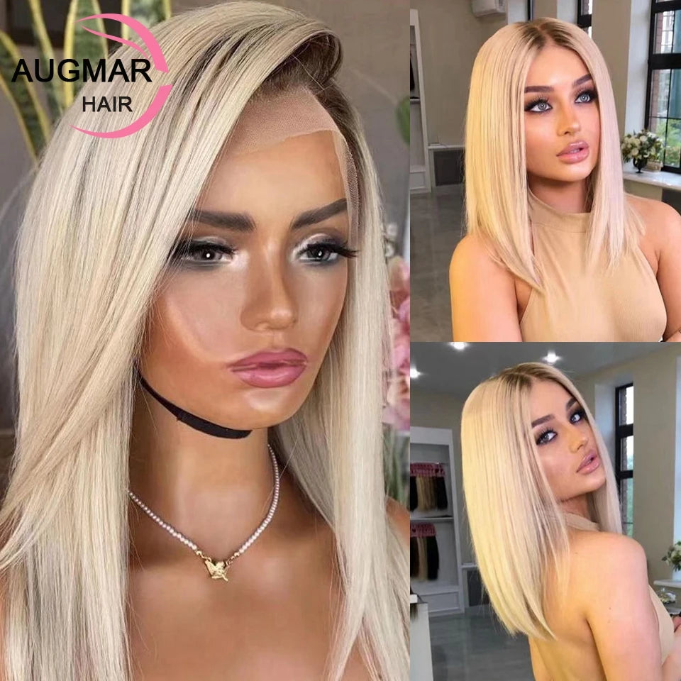 Pre Plucked 13x6 Blonde Lace Front Wig Human Hair Ombre Straight Short