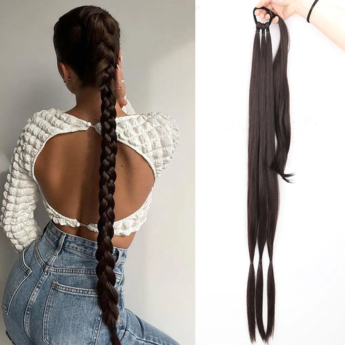 Synthetic Braided Ponytail Extensions Long Black Rubber Band Hairpiece