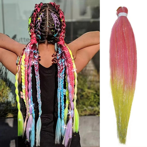 Purple Pink White 3 Tones Ombre Straight Braids Blend Hair Tinsel