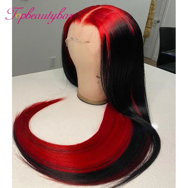 Red Ombre Highlight Colored Straight Lace Front Human Hair Wigs 180%