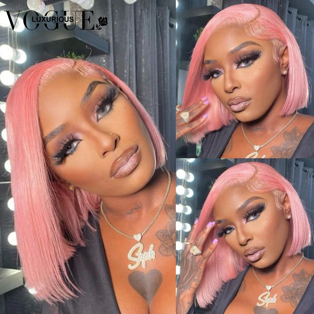 Straight Pink Short Bob Wigs Preplucked 613 Colored Lace Frontal Wig