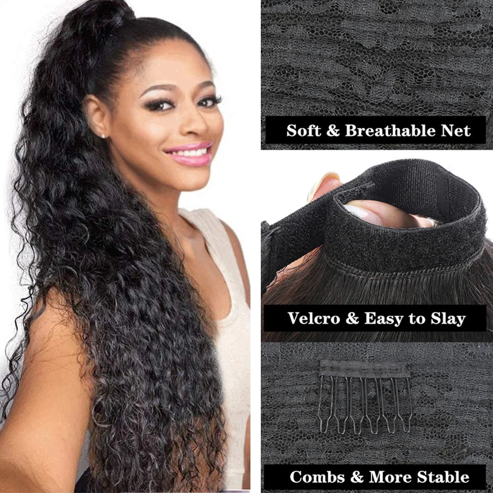 Ponytail Human Hair Wrap Around Long Deep Wave Remy Hair Extensions